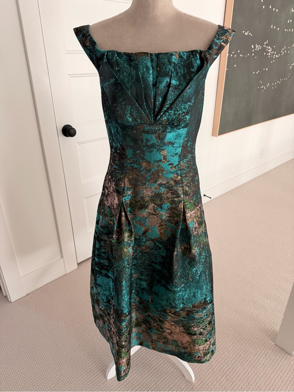 Kay Unger Teal & Bronze Metallic Brocade Off-Shoulder Midi Dress